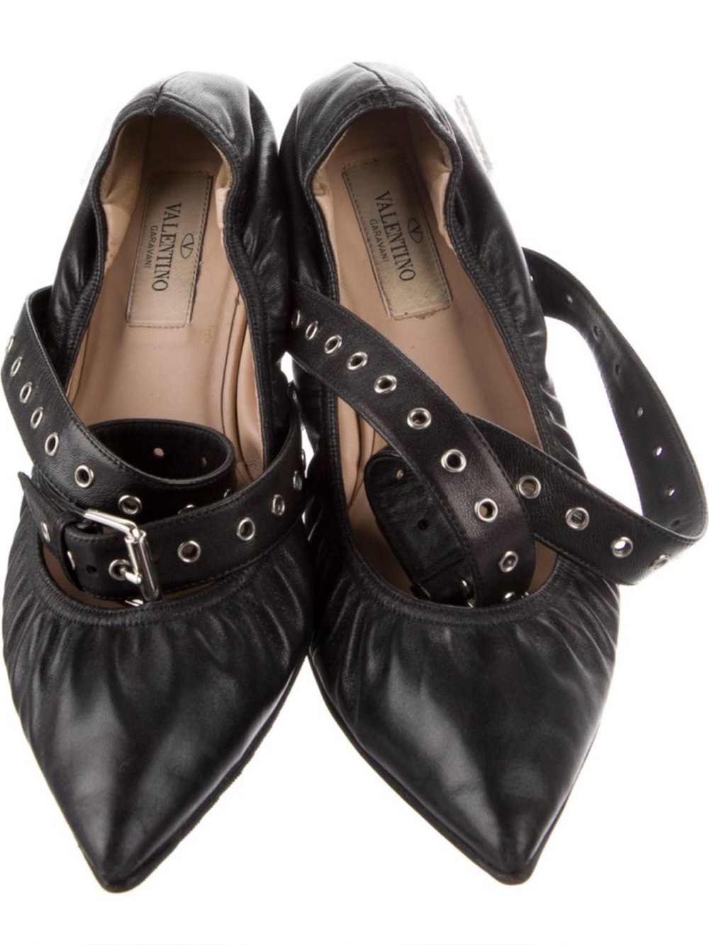 Valentino Black Leather Pointed-Toe Flats with Grommet Strap Detail